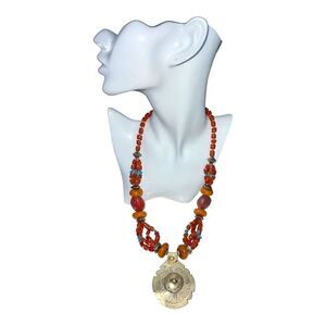 Handmade Exotic Vintage  Rustic Metal Silver Pleated Medallion Necklace.